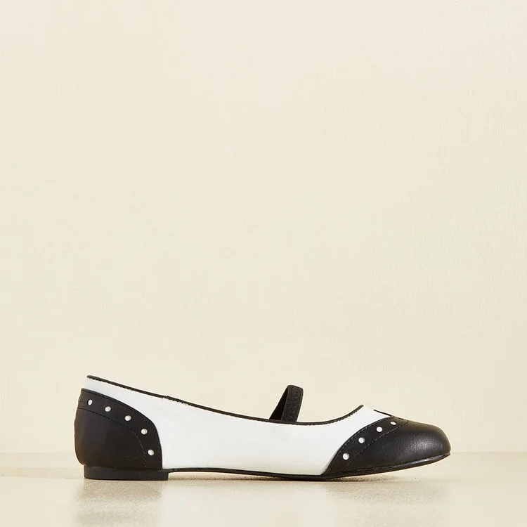 Black and White Round Toe Wingtip Vintage Comfortable Flats Vdcoo