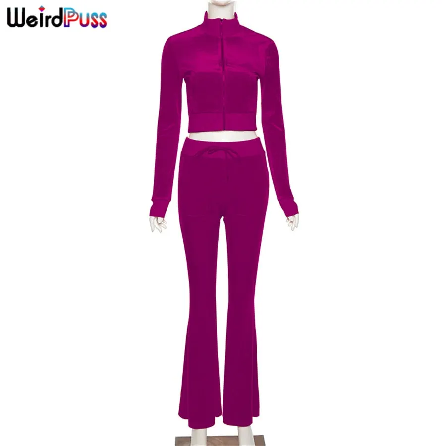 Weird Puss Velvet Women Tracksuit Skinny 2 Piece Set Zip Sporty Sweatshirt+Straight Pants Casual Fit Matching Streetwear Outfits