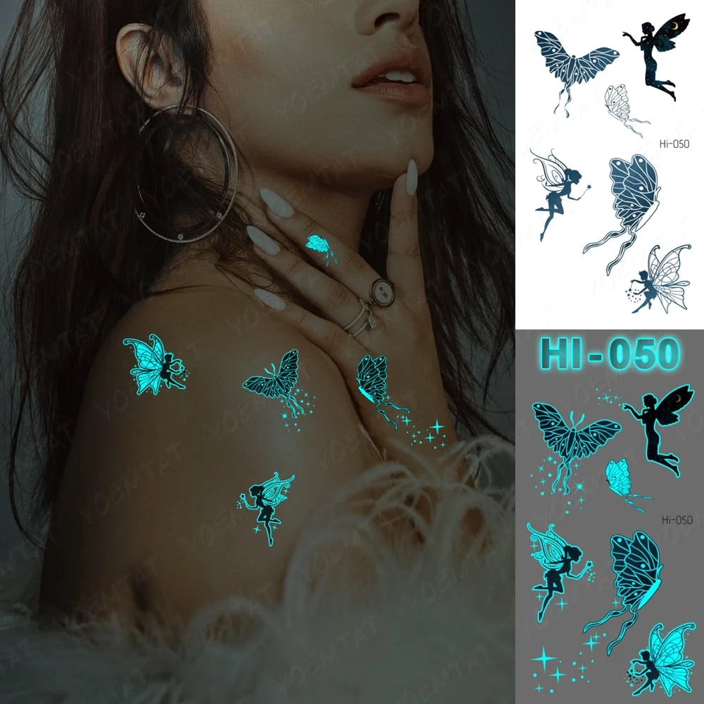 Blue Luminous Glow Tattoo Sticker Mountain Moon Waterproof Temporary Tatoo Nature Forest Sea Fake Tatto For Body Art Women Men