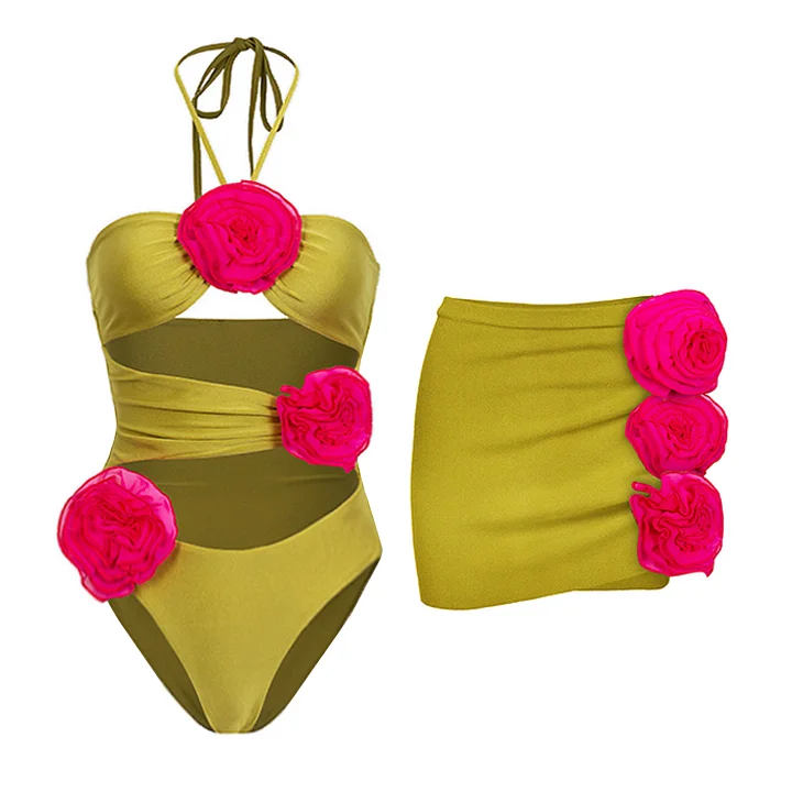 3D Flower Halter Cut Out One Piece Swimsuit and Skirt Flaxmaker