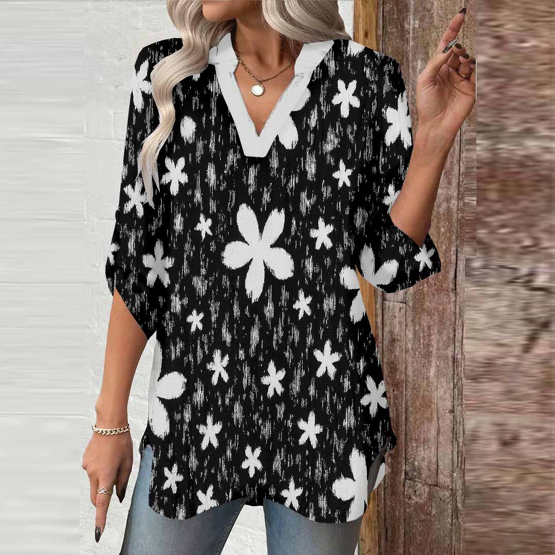 Women Floral, Black, White DZGA0156 3/4 Sleeve V-neck Printed Graphic Button Tops