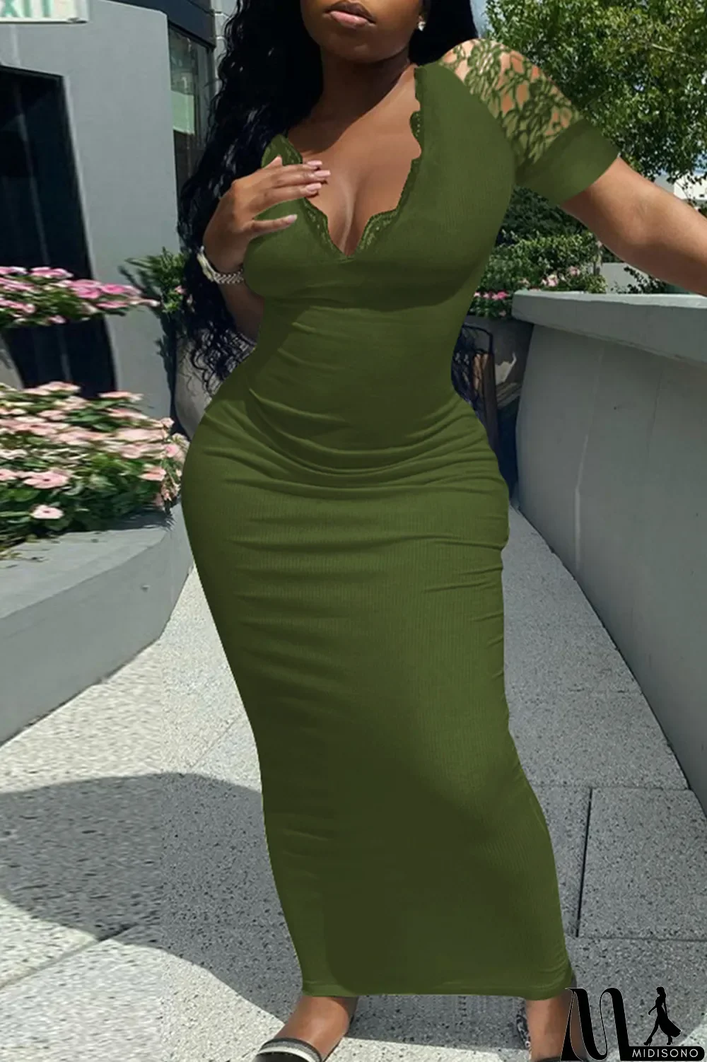MidiSono - Army Green Fashion Solid Split Joint V Neck Short Sleeve Dress