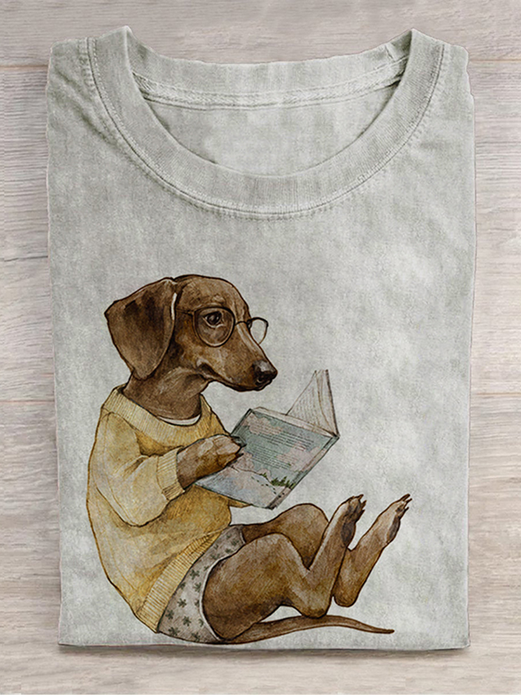 Comstylish Reading Dog Print Short Sleeved Casual T-Shirt
