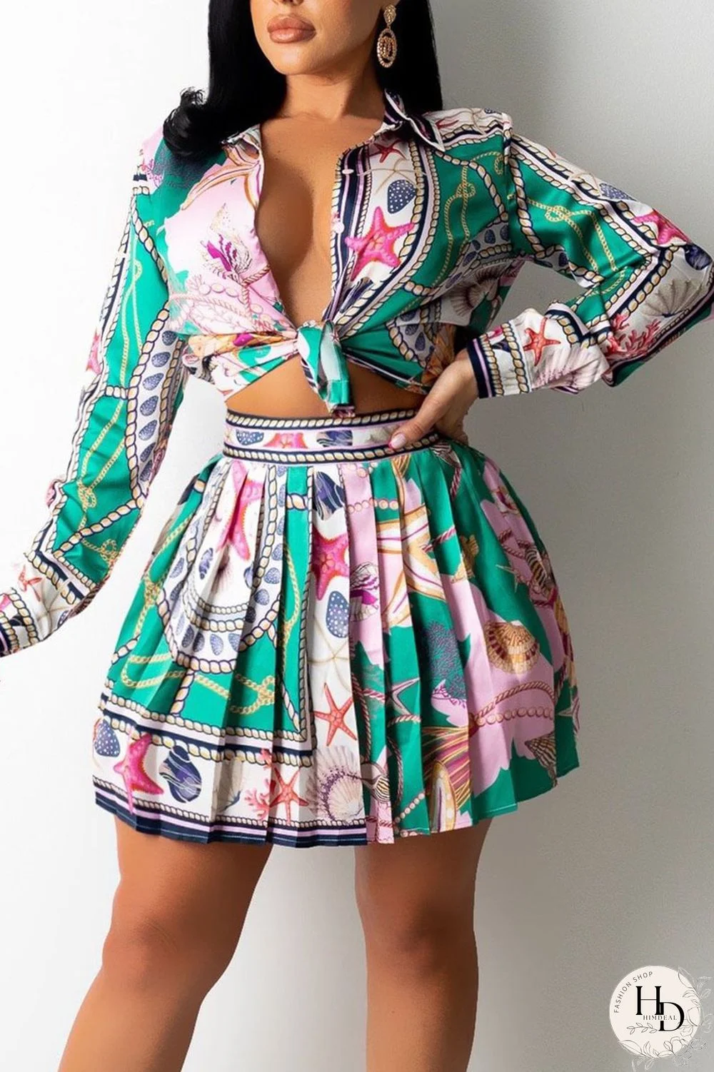 Green Sweet Print Patchwork Turndown Collar Long Sleeve Two Pieces