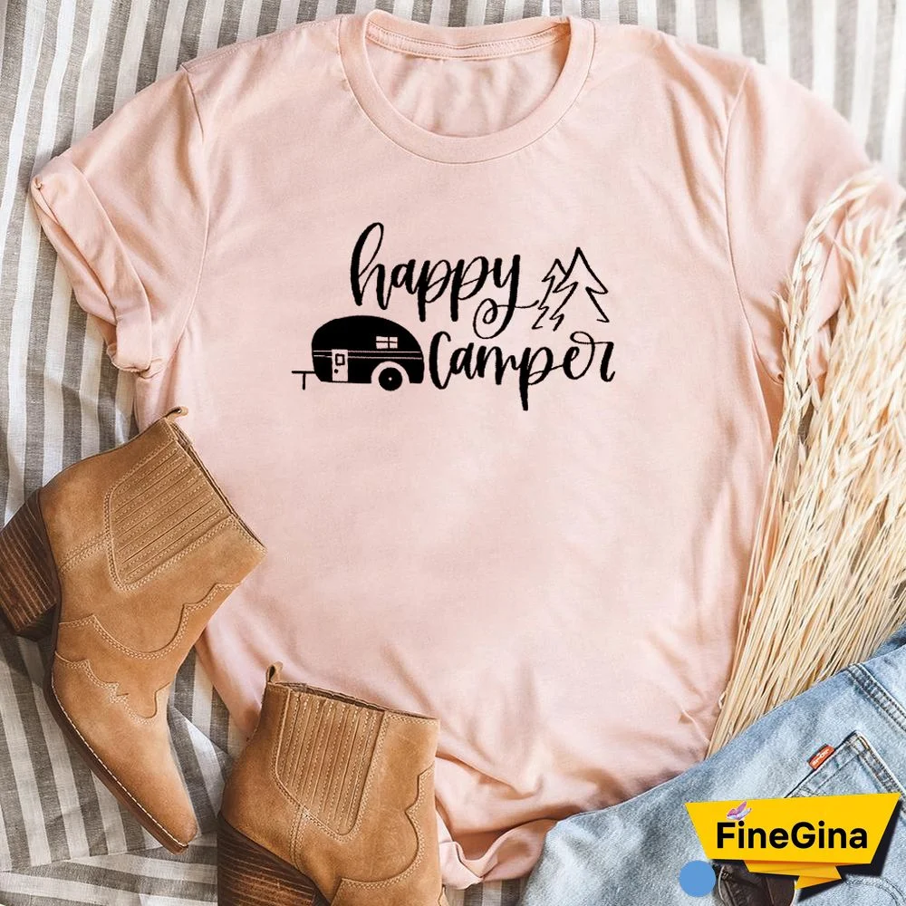 New Hot Summer Happy Camper Women Loose T-shirt Unisex Car Graphic Simple Tops Female Forest Outdoors Matching Clothes