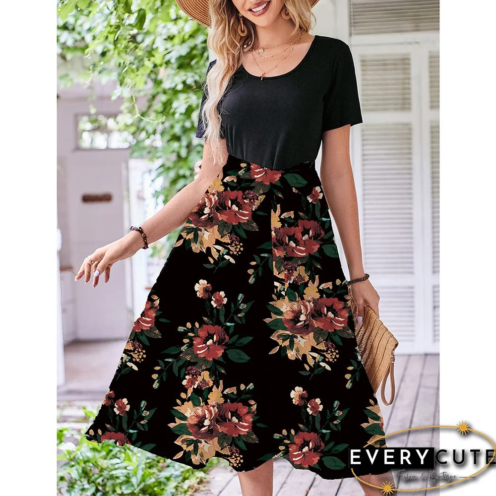 Black Red Floral Print Spliced Short Sleeve Dress