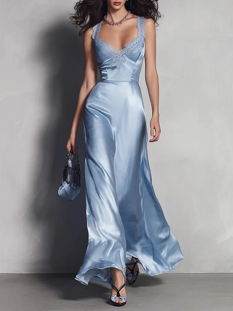 Light Blue Satin Lace-trimmed Slip Maxi Dress
