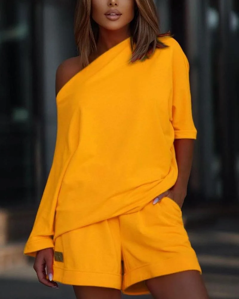 Solid Color Short Sleeve T-Shirt & Shorts Set