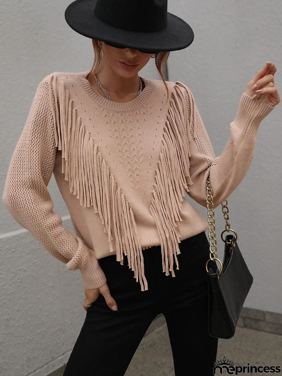 Fringe Detail Ribbed Trim Sweater
