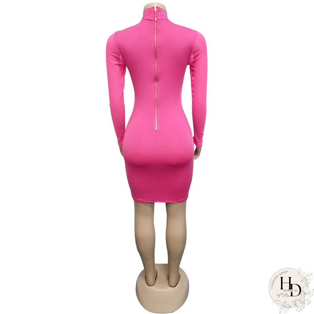 Women Sexy Night Club Dresses Bodycon Party Dress Bling Bling Rhinestone Zipper Sheer Long Sleeve Mini Dress White Black Blue Pink