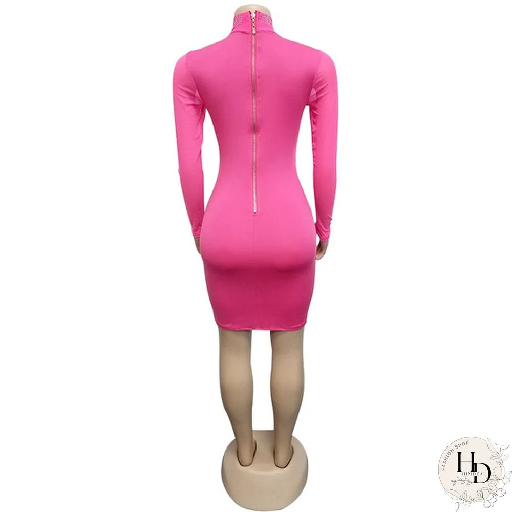 Women Sexy Night Club Dresses Bodycon Party Dress Bling Bling Rhinestone Zipper Sheer Long Sleeve Mini Dress White Black Blue Pink