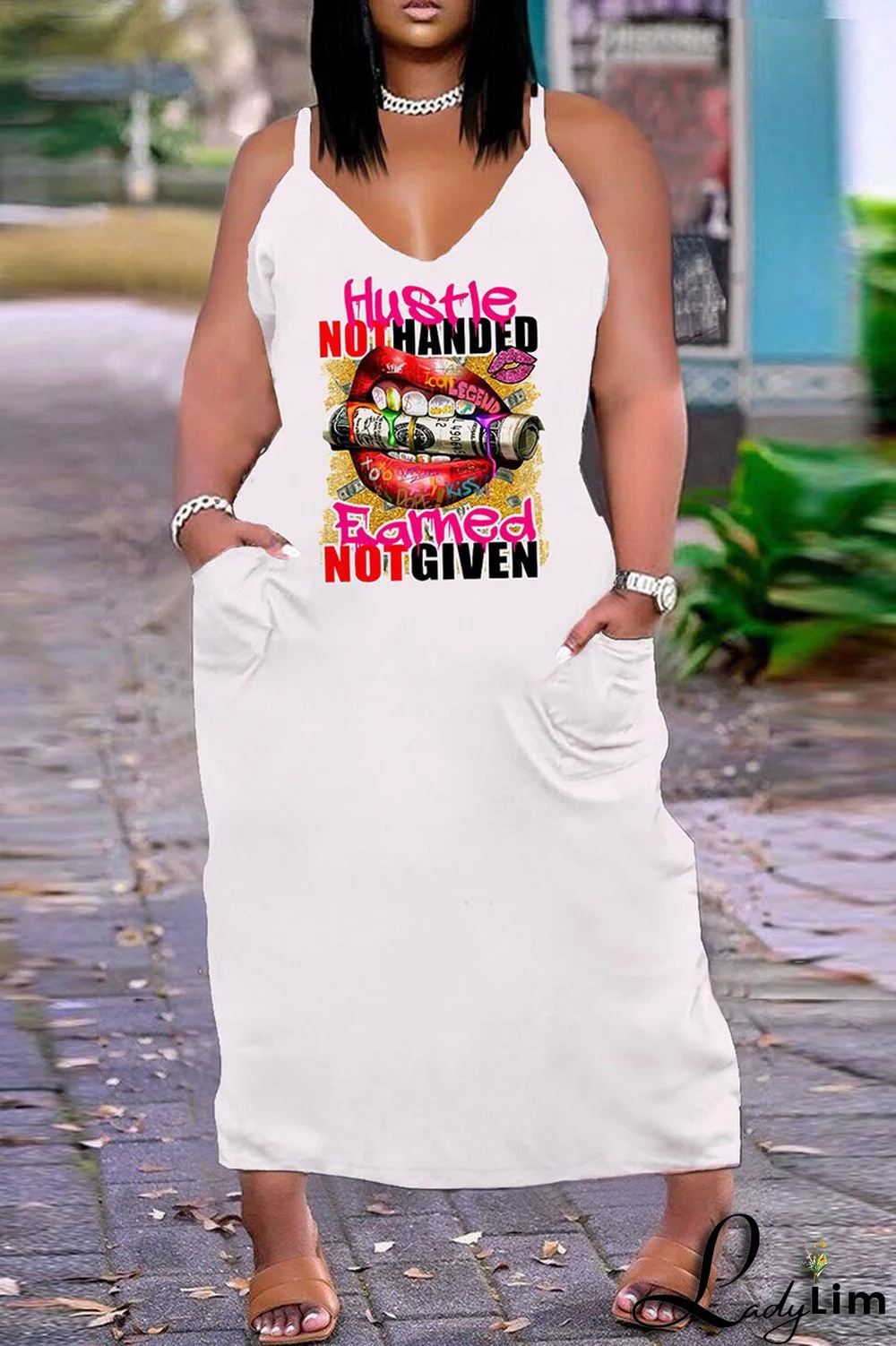 White Orange Sexy Casual Plus Size Print Backless V Neck Sling Dress