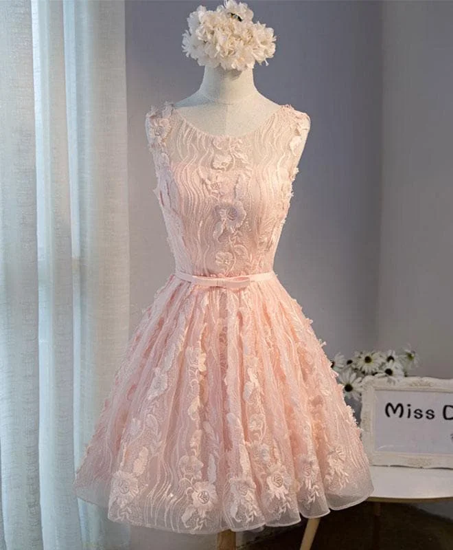 Pink Round Neck Lace Short Prom Dress, Pink Homecoming Dress