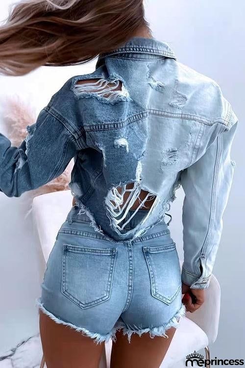 Ripped Color Block Denim Crop Jackets