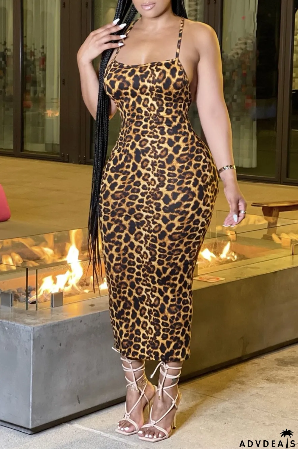 Yellow Fashion Sexy Print Leopard Backless Spaghetti Strap Sleeveless Dress
