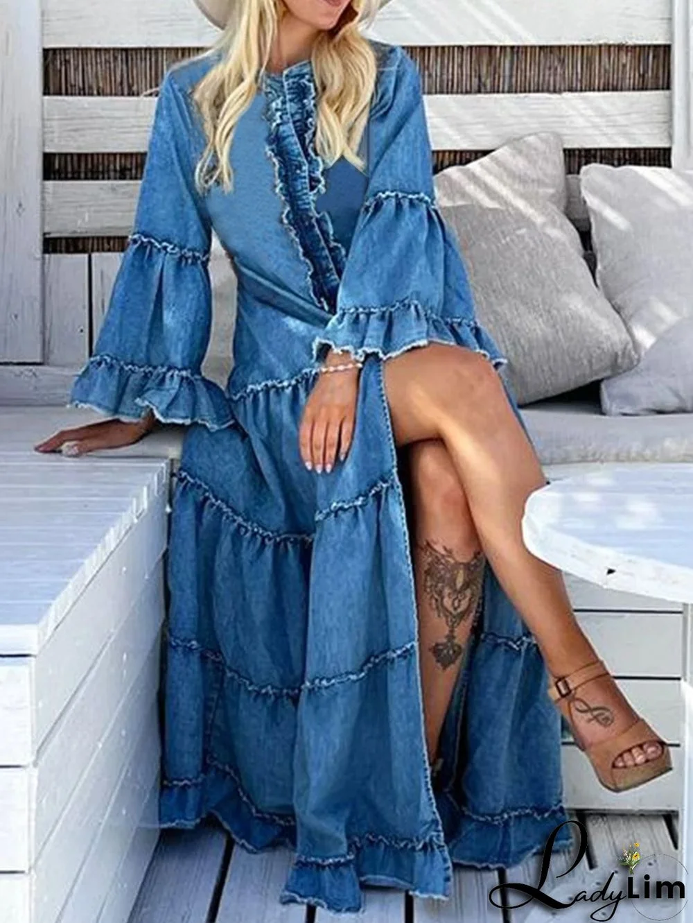 Casual Denim Ruffle Split Tiered Maxi Dress