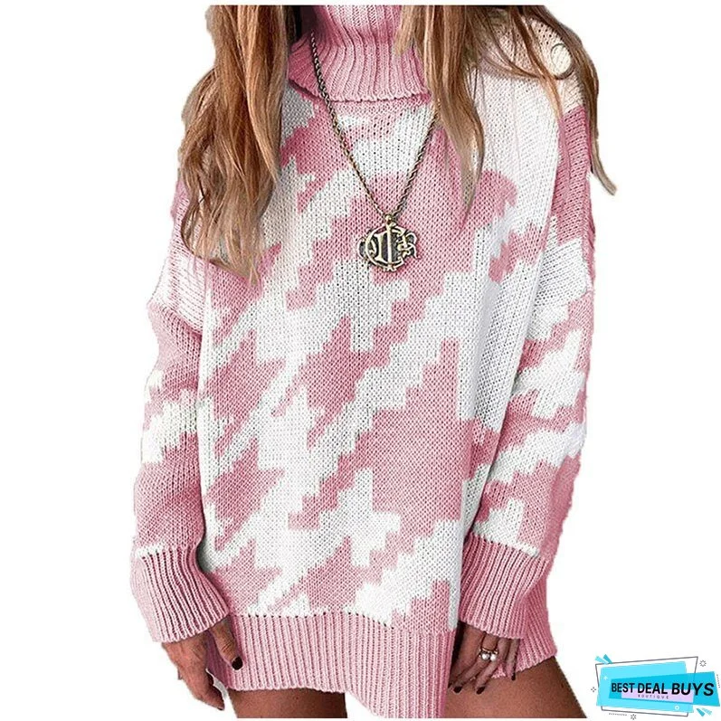 Thanksgiving Gift Autumn And Winter New Knitting Color Contrast Turtleneck Loose Women's Long Sleeve Sweater Casual All-Match Ladies Sweaters