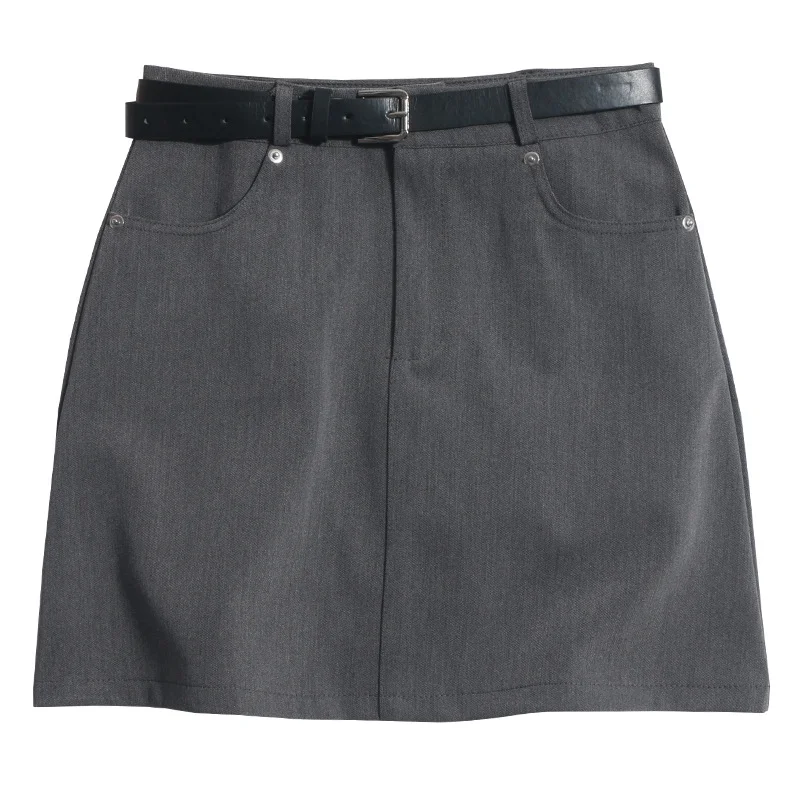 Uveng Real Shooting Gray Short Skirt Women's Summer Leisure High-Waisted Thin A-Body Skirt Anti-Walking Bag Hip Skirt With Belt 8010