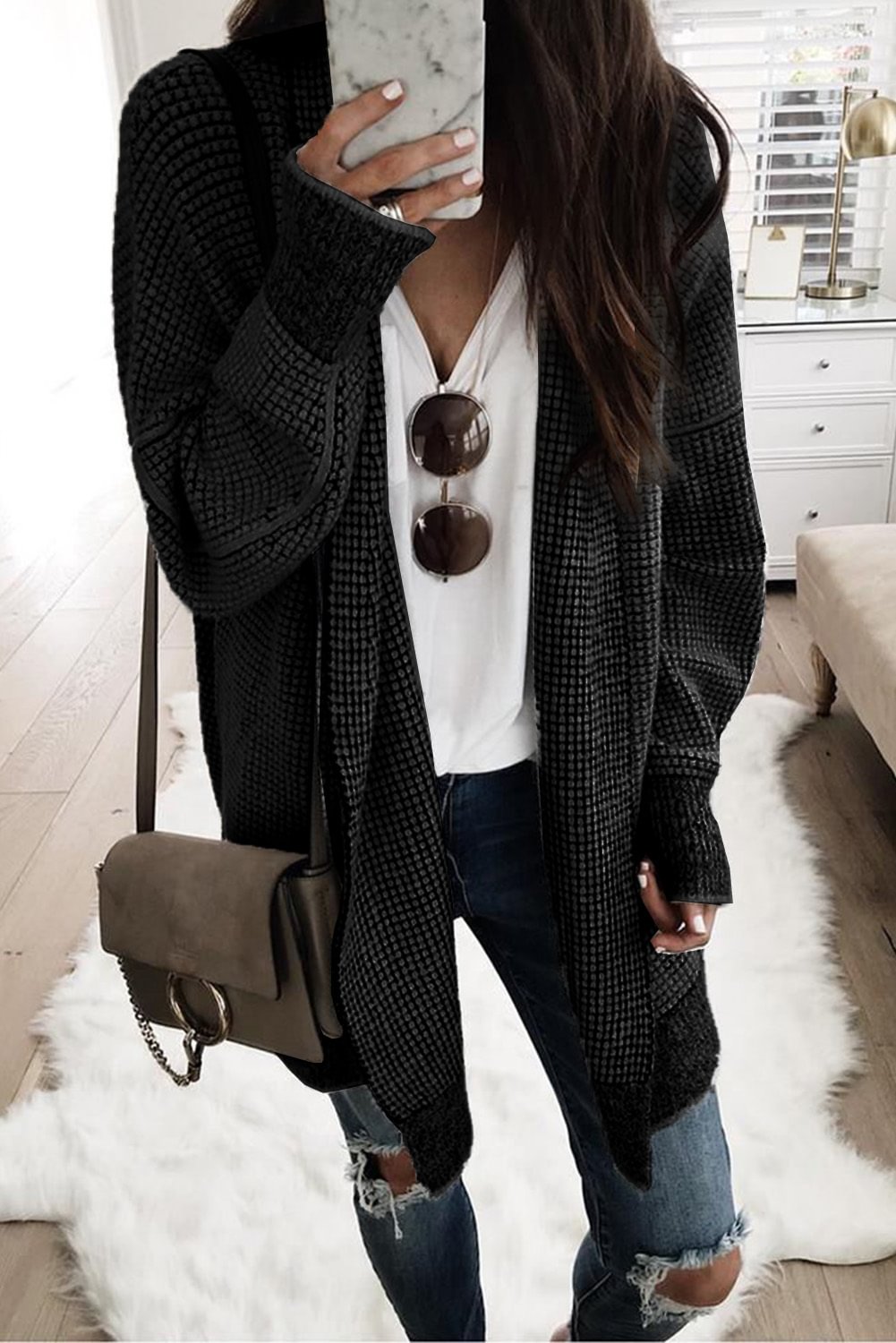 Black Plaid Knitted Long Open Front Cardigan-PABIUYOU- Women's Fashion Leader