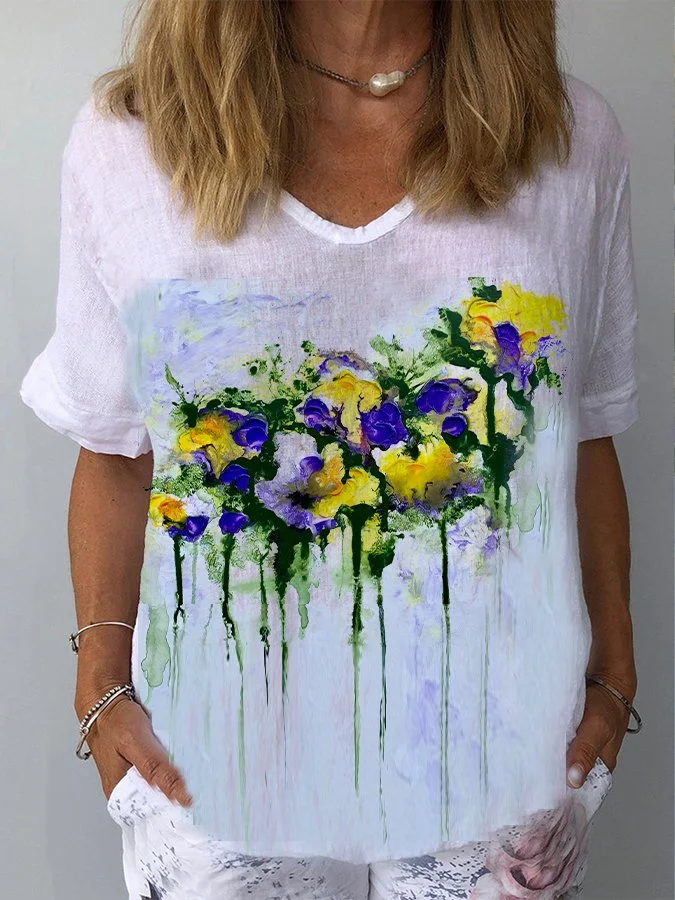 Women's Plant Floral Print Cotton and Linen T-Shirt
