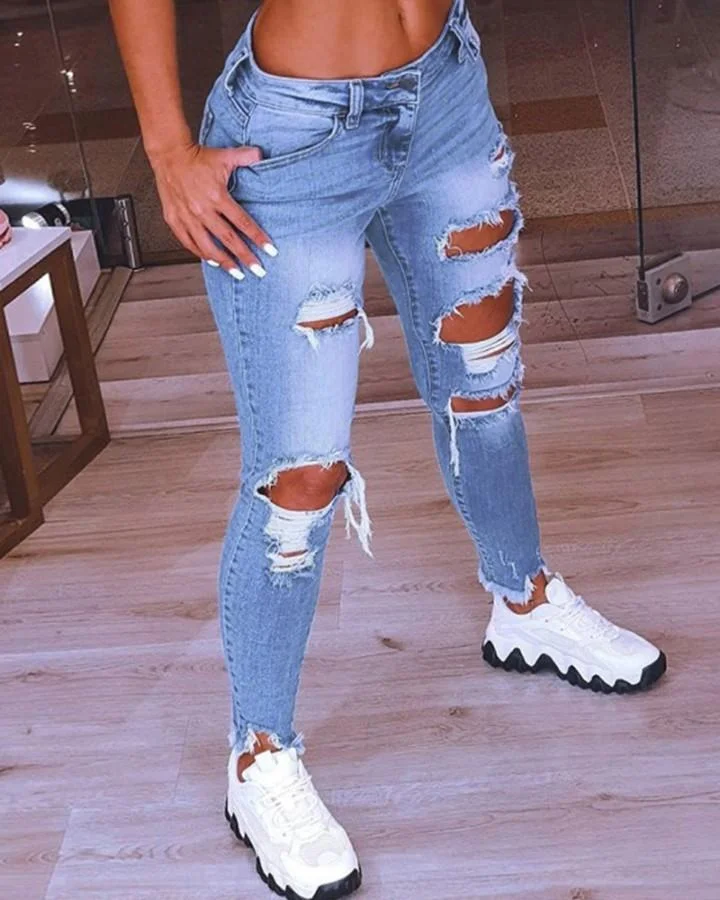 Fringe Hem Cutout Distressed Denim Pants P12077