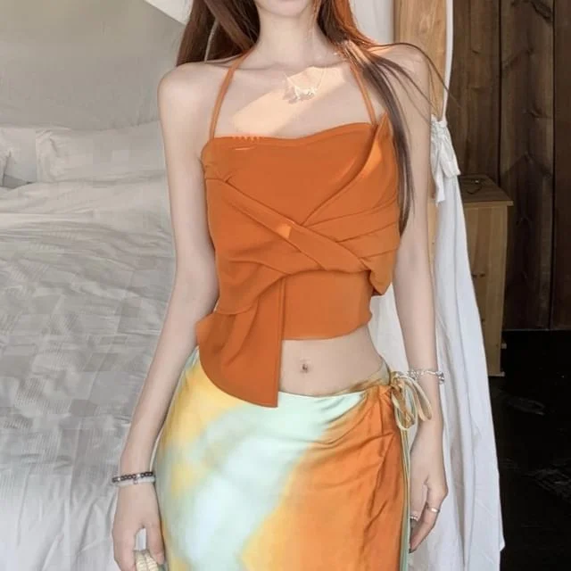 Crop Maxi Halter Skirt / Fit Dye Wrap Plain Mid Rise Slim Cami Tie Top Knot A-Line