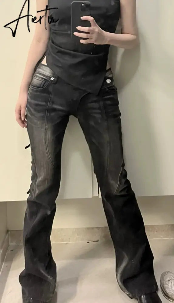 Aiertu Karrram Vintage Distressed Low Waist Jeans Grunge Asymmetrical Waist Denim Pant Korean Fashion Black Flare Jeans Kpop Streetwear Aiertu