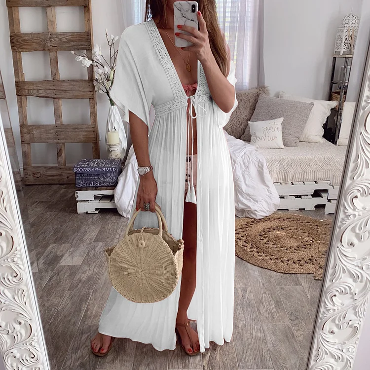 Lace Cardigan Solid Color Holiday Style Dress Long Skirt