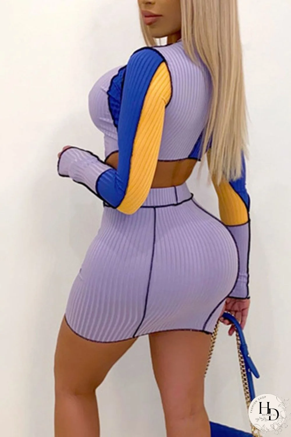 Purple Sexy Solid Bandage Split Joint Frenulum Asymmetrical O Neck Long Sleeve Two Pieces