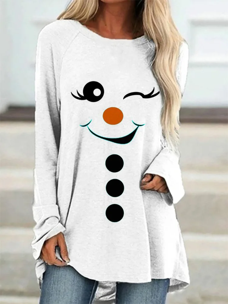 VChics Funny Snowman Print Long Sleeve Casual T Shirt