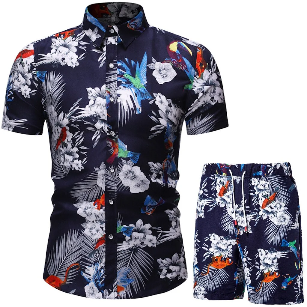 2021 Summer New Men's Casual Suit Korean Slim Short Sleeve Shirt Shorts Mens Beach Suit 2 Piece Set