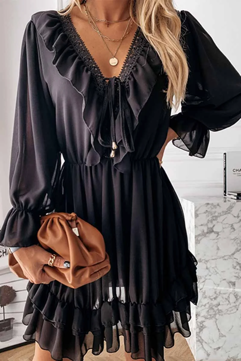 Sexy Black Lace Puff Sleeve V-Neck Lace Mini Dress
