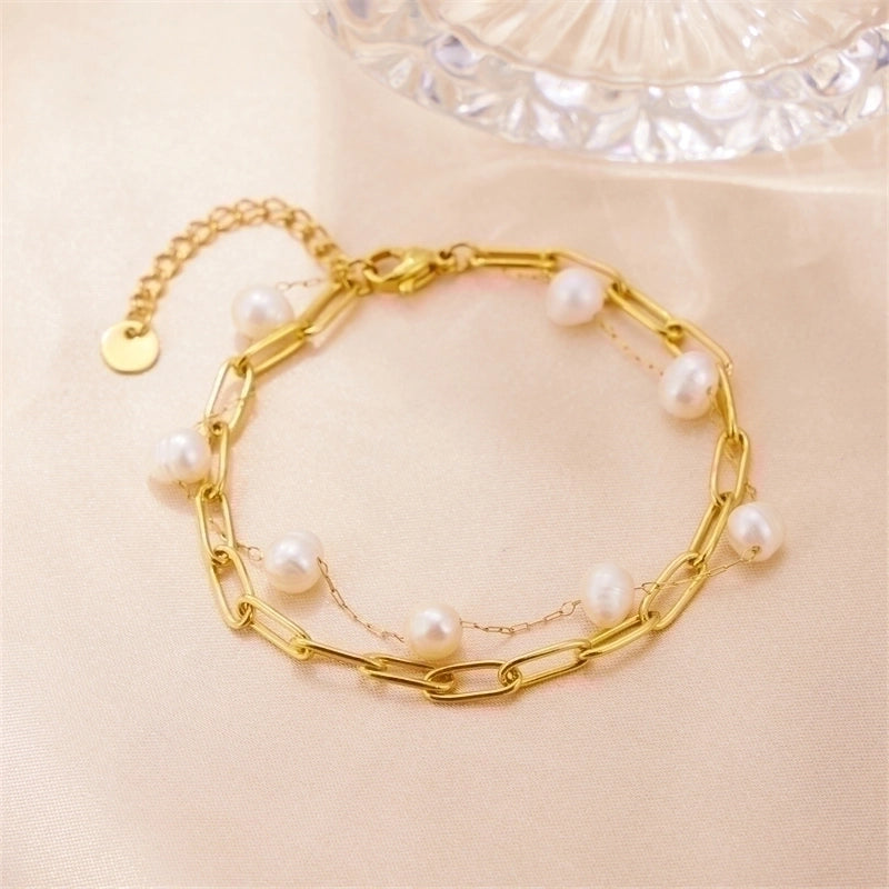 Minimalist Classic Style Geometric 201 Stainless Steel Pearl Bracelets In Bulk