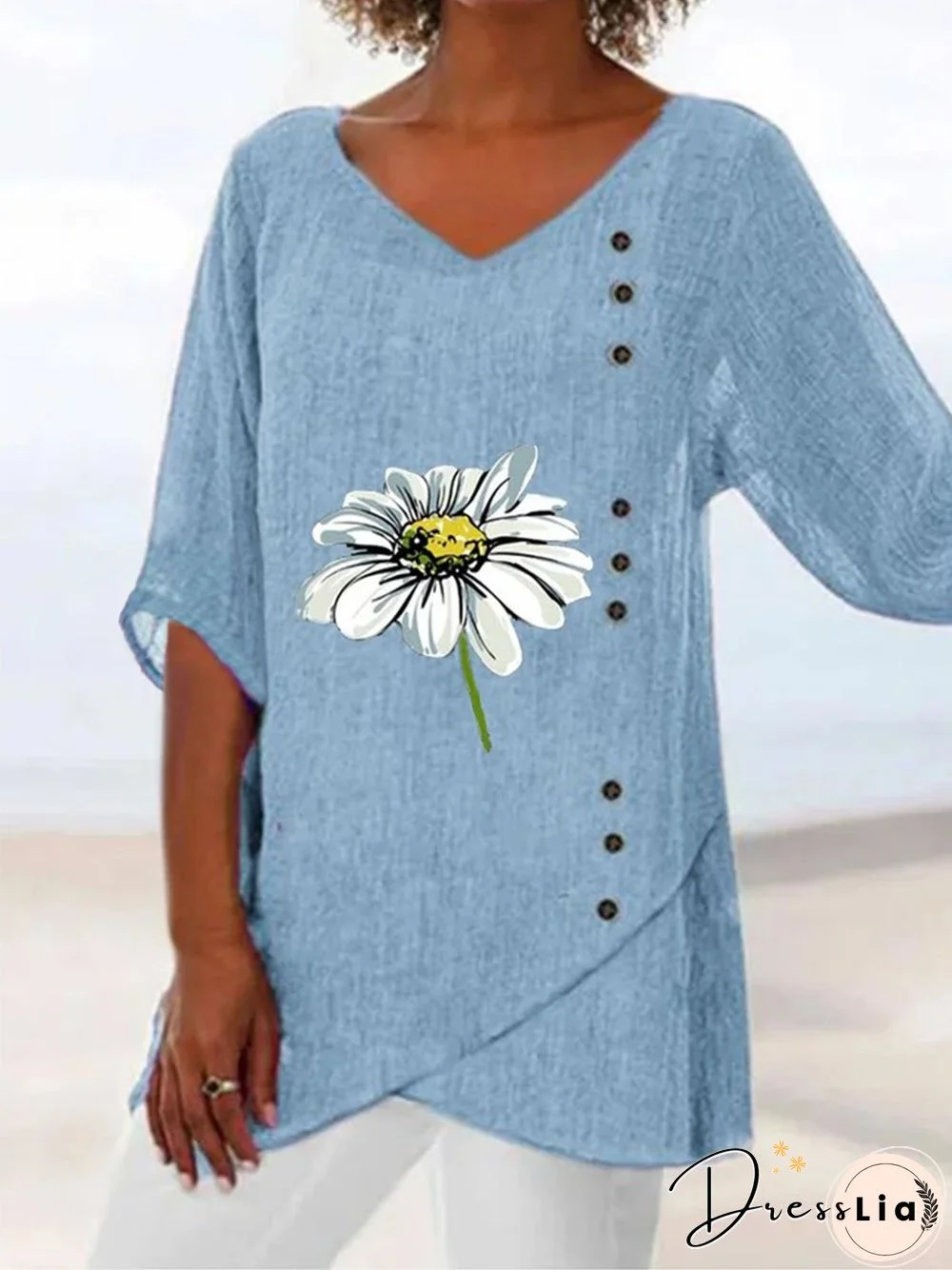 Floral V Neck 3/4 Sleeve Plus Size Casual Tops