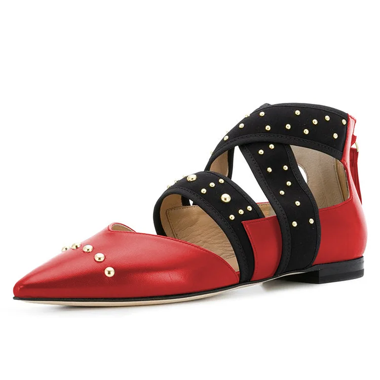Red Pointy Toe Comfortable Flats Cross Strap Studs Shoes |FSJ Shoes