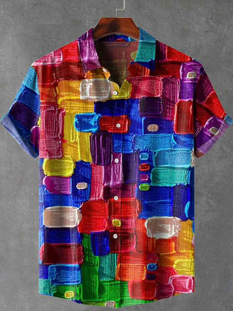 3D Art Oil Painting Color Grid Print Lapel Casual 100% Cotton Shirt