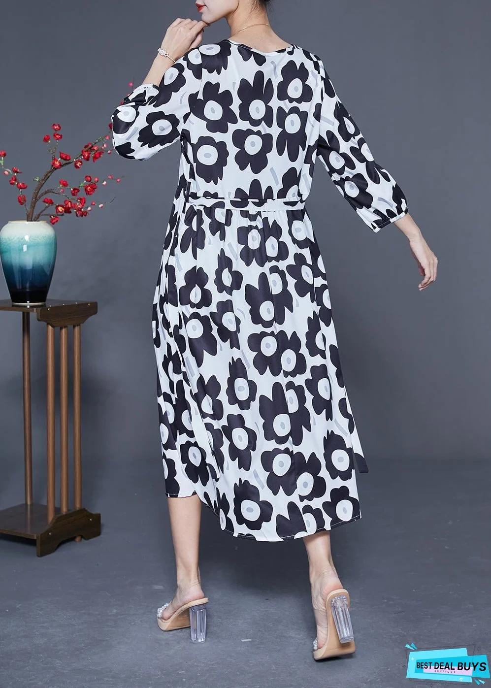 Unique Black O-Neck Sunflower Print Silk Dresses Bracelet Sleeve