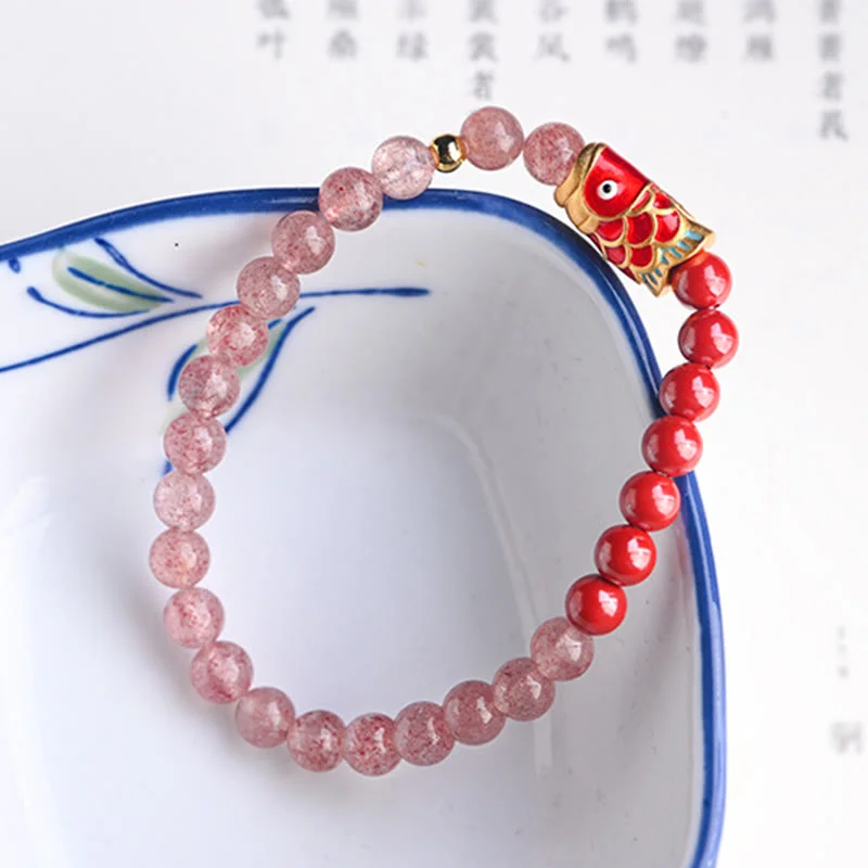 Cinnabar Strawberry Quartz Lucky Koi Fish Healing Bracelet
