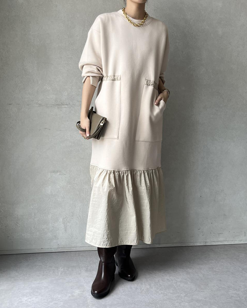 Ruffled Hem Patch Pockets Round Neck Long Sleeve Loose Midi Dress
