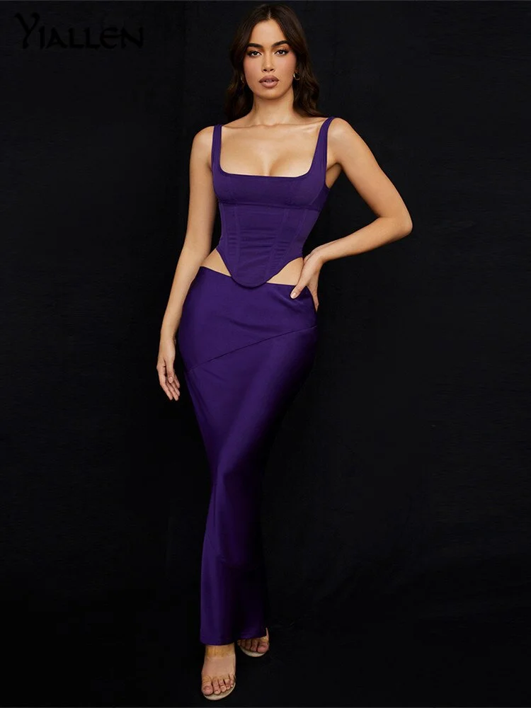 Yiallen Sexy Solid 2021 New 2 Piece Set Women Skirt And Top Mesh Corset Crop Vest Long Skirt Clothes Outfits Club Party Dresses