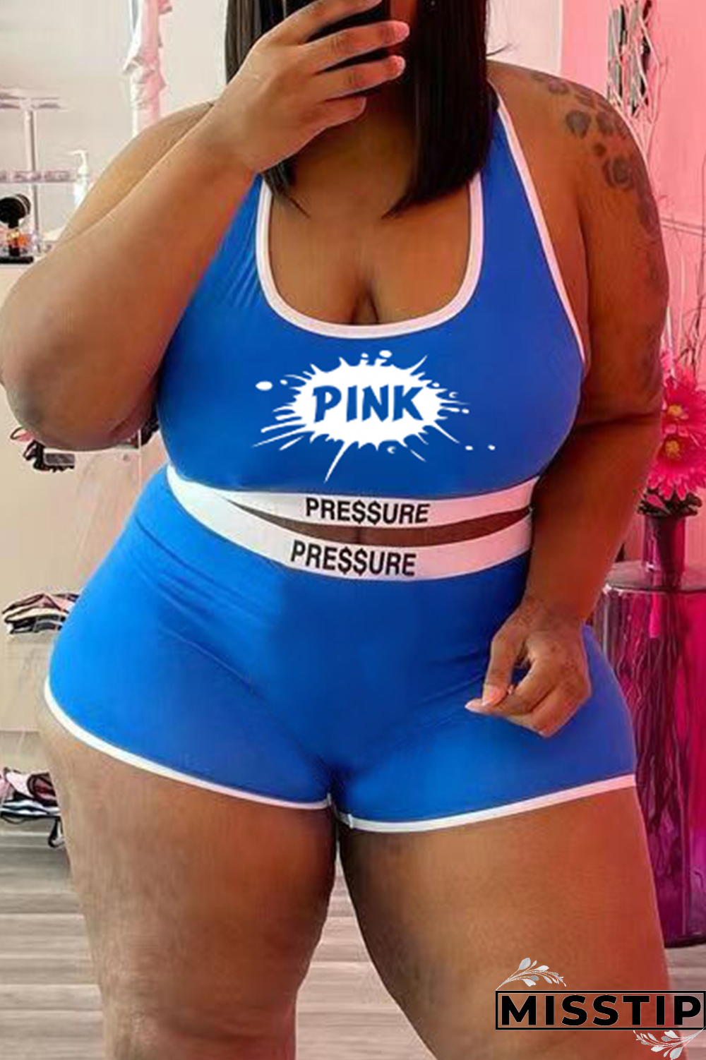 Black Street Print Patchwork U Neck Plus Size Two Pieces