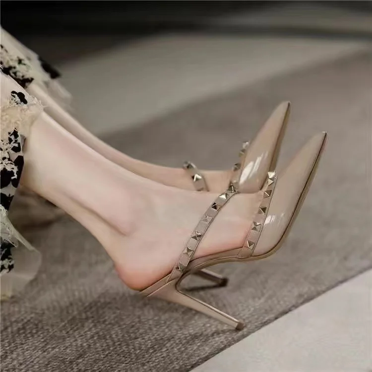 Yyvonne Sandals Women's Korean Version Of The New Baotou Fine Heel Head Fairy Rivet Studs Hollow Buckle Sandals