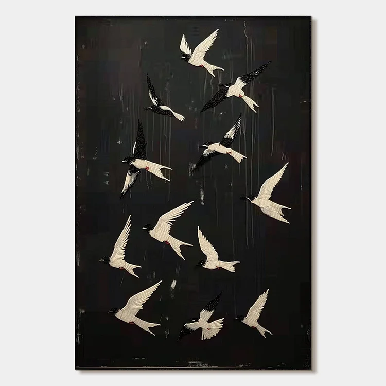 ASCENSION: Beaded Birds on Textured Canvas（Canvas painting）