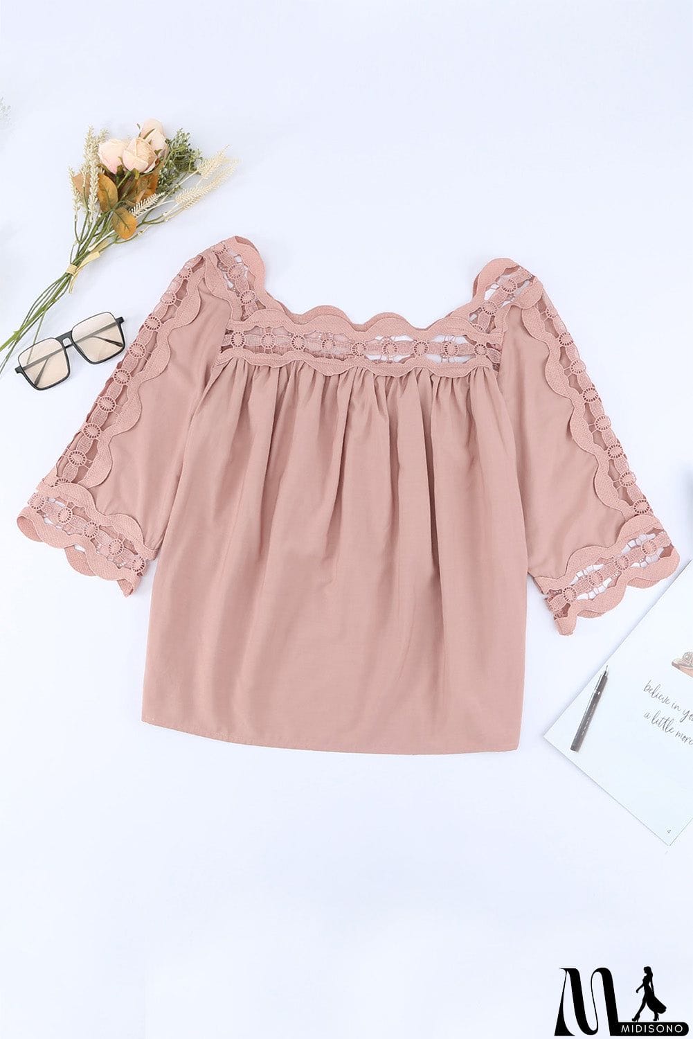 MidiSono - Pink Half Sleeve Crochet Trim Blouse