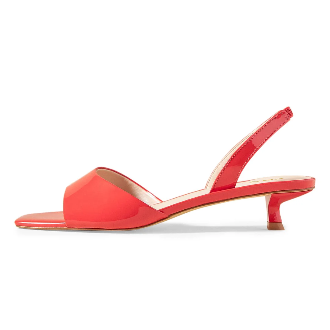 Women's Red Patent Leather Open Square Toe Slingback Kitten Heels