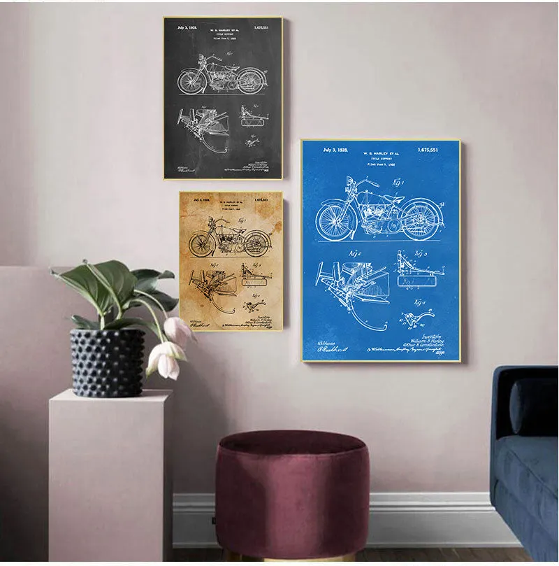 Motorcycle Patent Vintage Blueprint  Prints Motorcycle Artwork Science Wall Art Canvas Painting Gift Home Room Decor