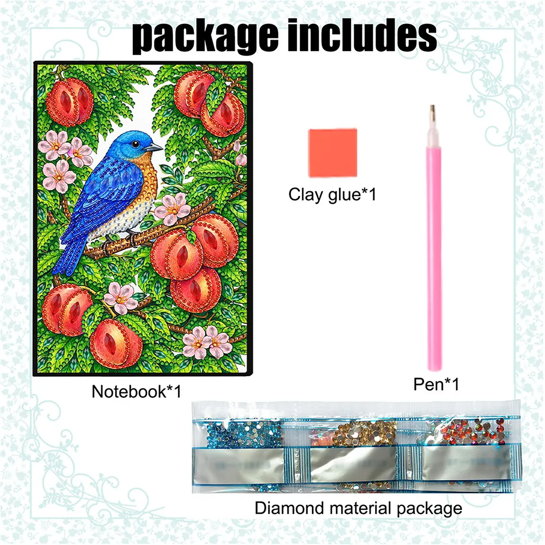 DIY Flower Diamond Painting Journals Notebooks 50 Pages A5 No Lines Special Shaped Diamond Art Kits for Beginners Craft Lovers and Artists (Peaches and Birds)