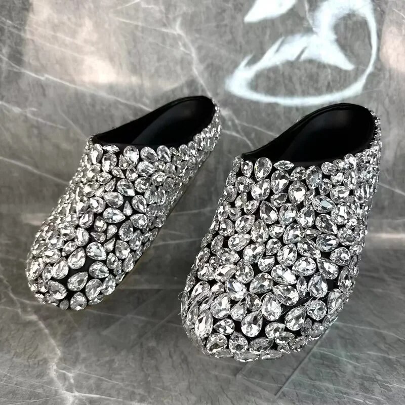 VCSHOES Silver Big Diamond Round Toe Flat Slipper Women Bling Cover Mules Black Leather Sole Crystal Glitter Casual Shoe