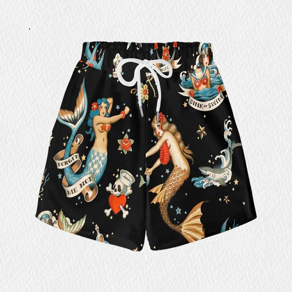 Women's Retro Mermaid Printed Casual Shorts.