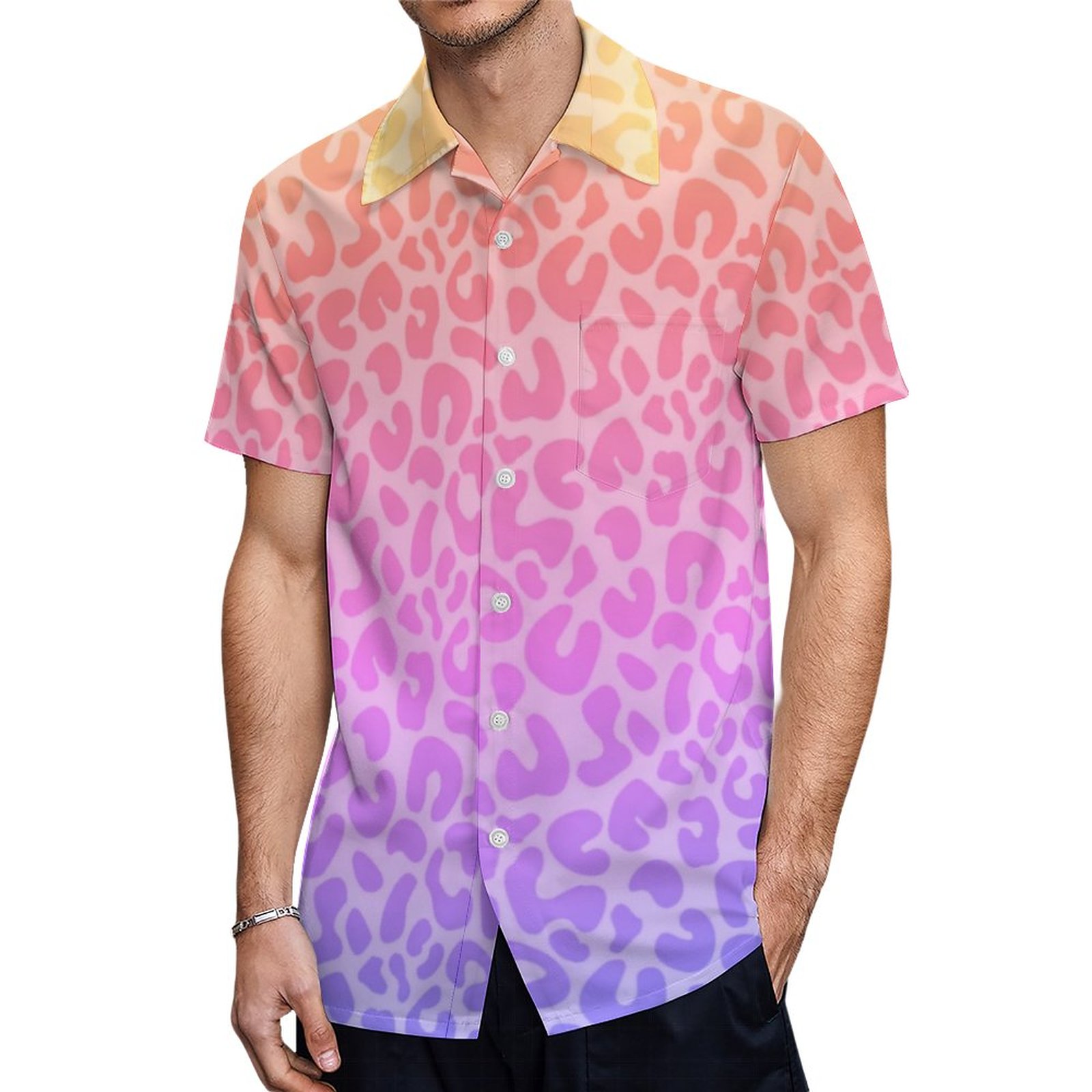 Ombre Gradient Pink Cheetah Leopard Animal Print Hawaiian Shirt Mens Button Down Tropical Hawaii Beach Shirts